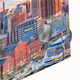 Large abstract wall art depicting the Baltimore skyline in vibrant twilight hues, printed on acrylic glass.