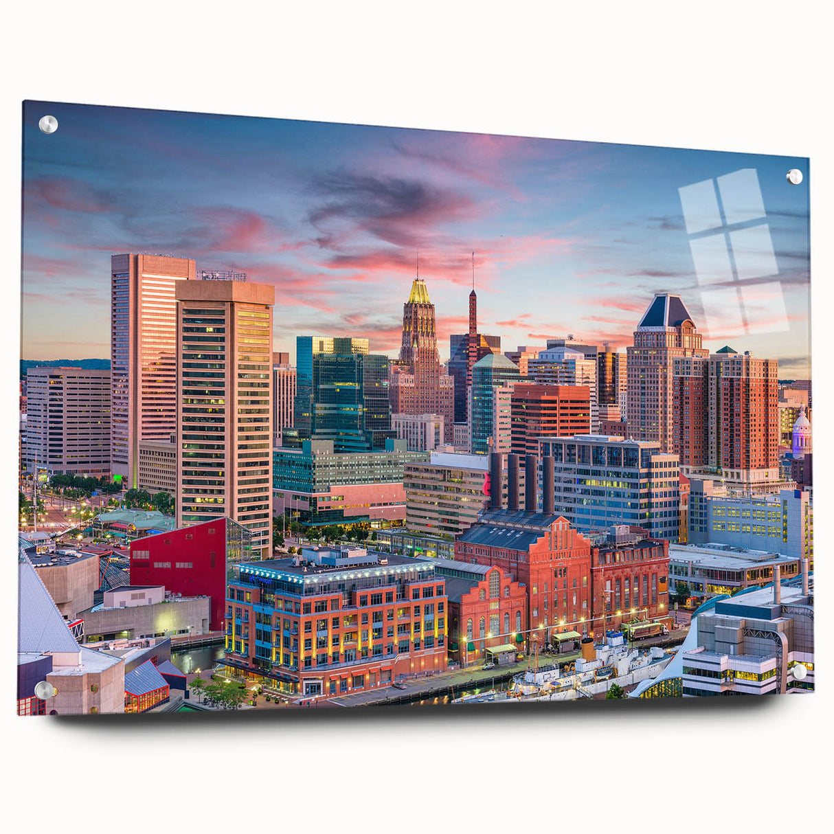 Acrylic print of Baltimore skyline in muted blue and gray tones, suitable for bedroom or dining room decor.