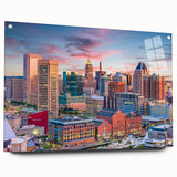 Acrylic print of Baltimore skyline in muted blue and gray tones, suitable for bedroom or dining room decor.