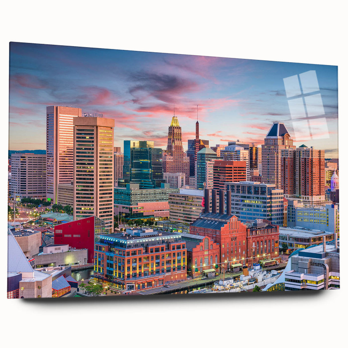 Large abstract depiction of Baltimore skyline in cool blues and grays on acrylic glass.