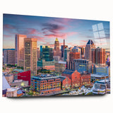 Large abstract depiction of Baltimore skyline in cool blues and grays on acrylic glass.