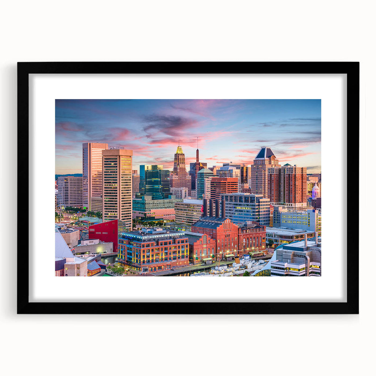 Abstract art print of Baltimore skyline in vibrant colors on a large textured canvas, suited for living room decor.