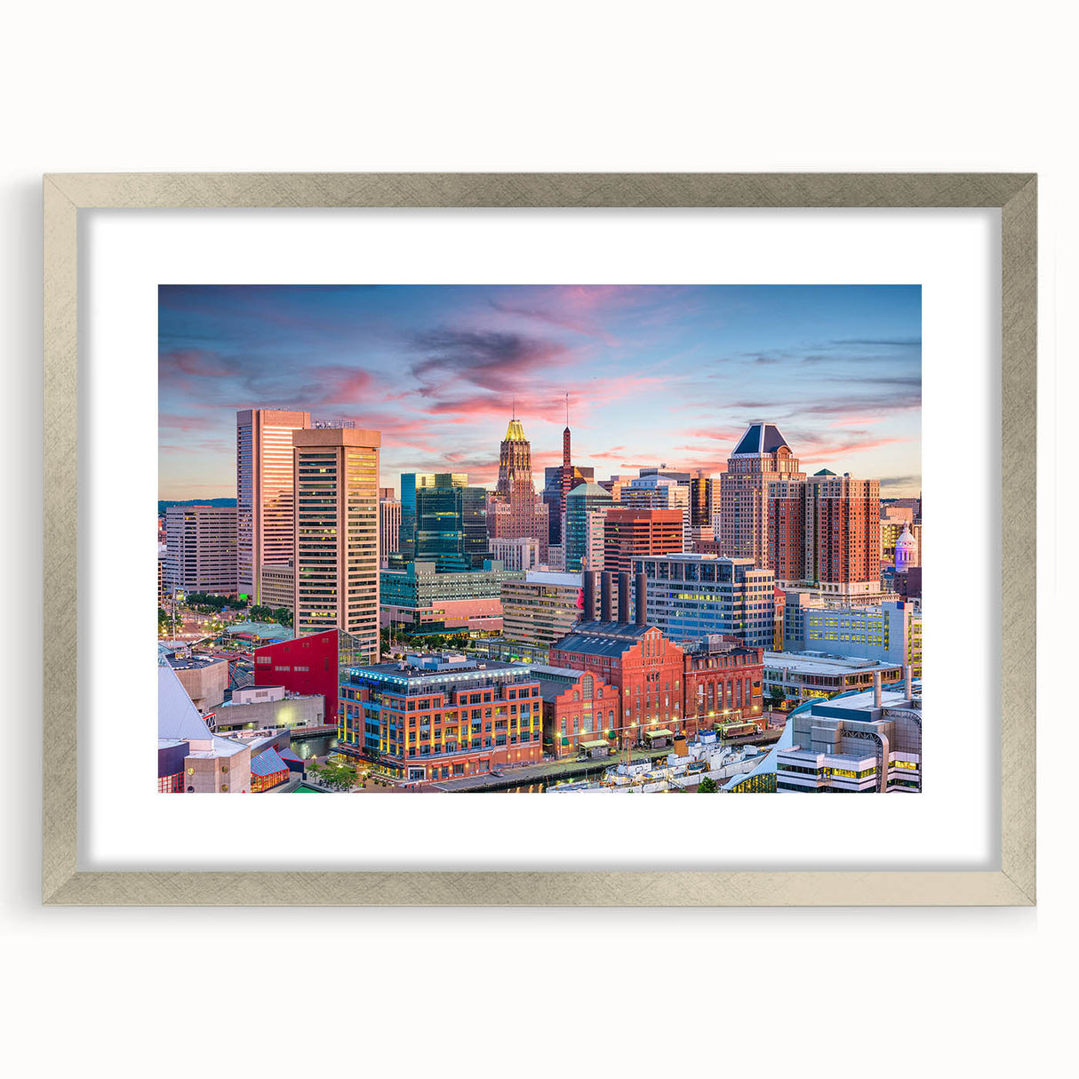 Textured abstract art print of Baltimore skyline in muted blues and grays on a framed silver mat, ideal for bedroom decor.