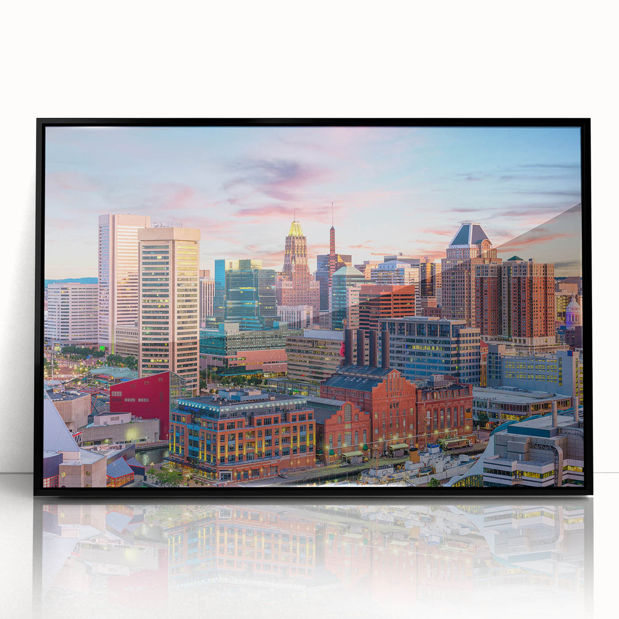 Large abstract wall art featuring a Baltimore skyline in muted gray and blue tones on a framed acrylic print.