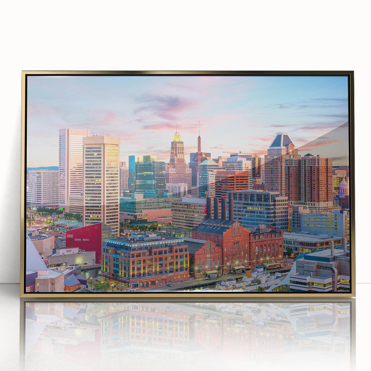 Framed acrylic print of Baltimore skyline in gold and blue tones, ideal for modern art wall decor.