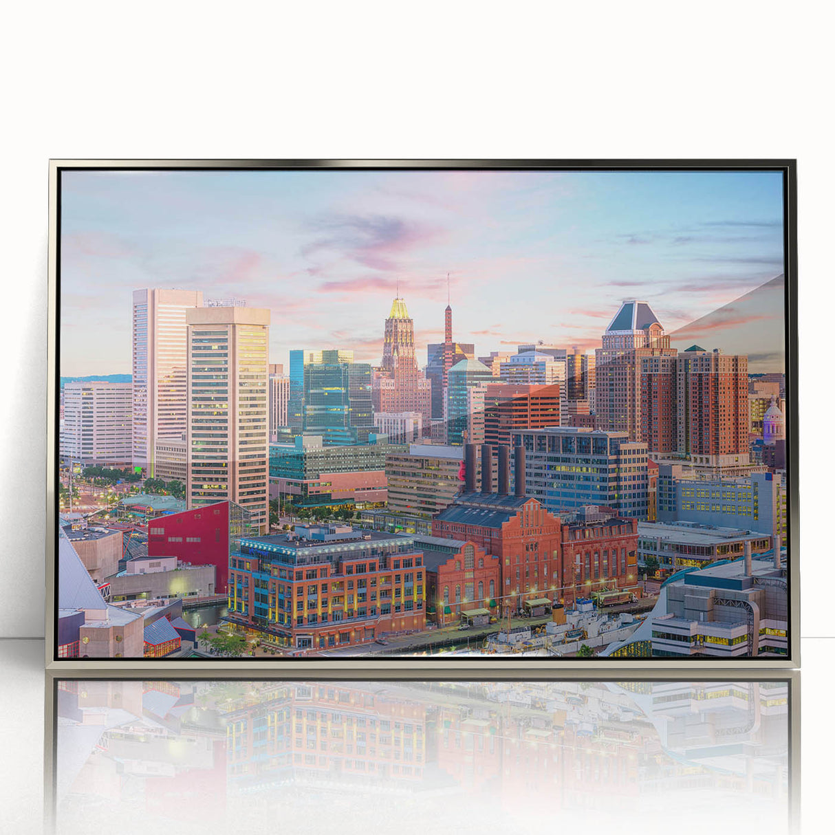 Mid-century modernist art of Baltimore skyline in muted gray tones on framed acrylic, ideal for modern art wall decor.