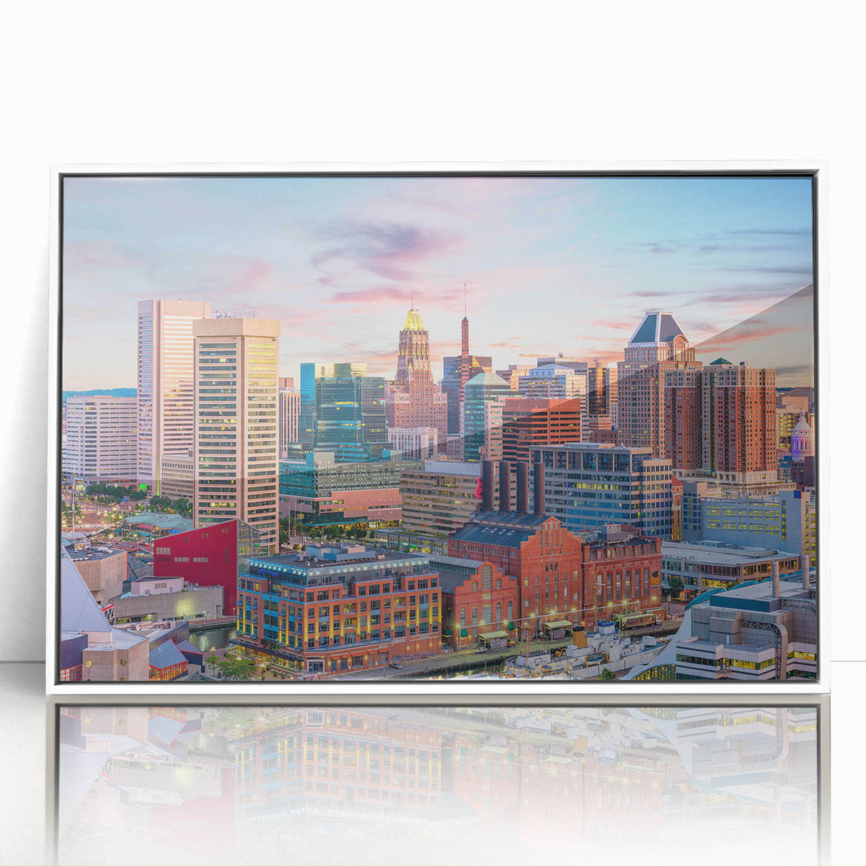 Art deco poster of Baltimore skyline in muted gray and blue tones on framed acrylic, ideal for modern nursery wall art.