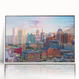 Art deco poster of Baltimore skyline in muted gray and blue tones on framed acrylic, ideal for modern nursery wall art.