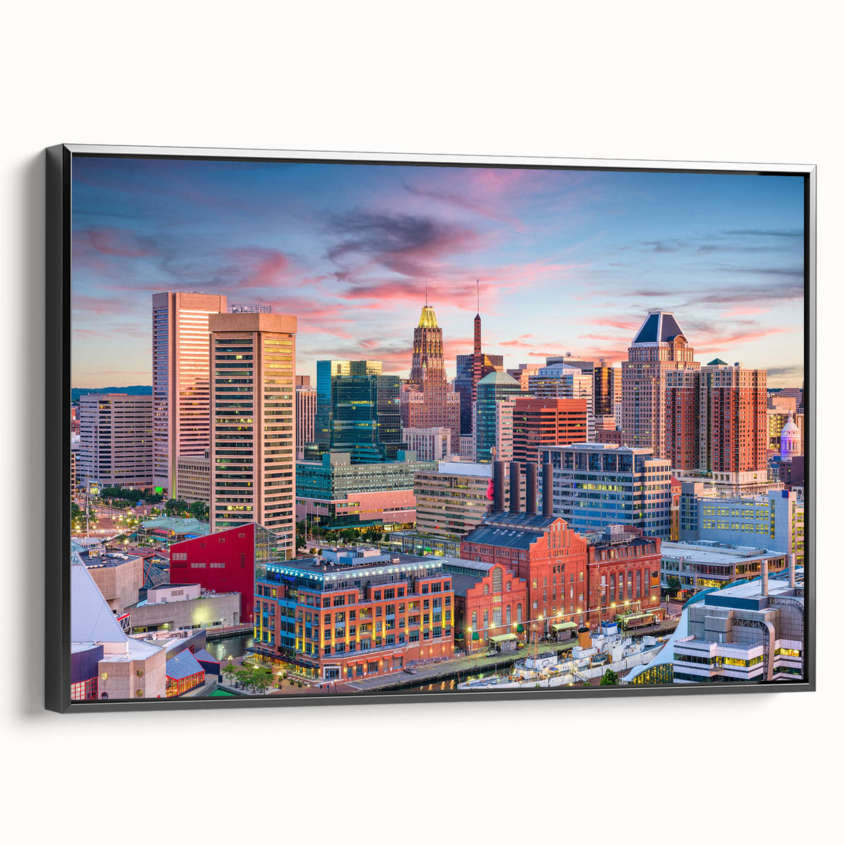 Black and white framed canvas of Baltimore landscape, ideal for bedroom wall decor.