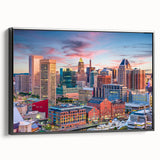 Black and white framed canvas of Baltimore landscape, ideal for bedroom wall decor.