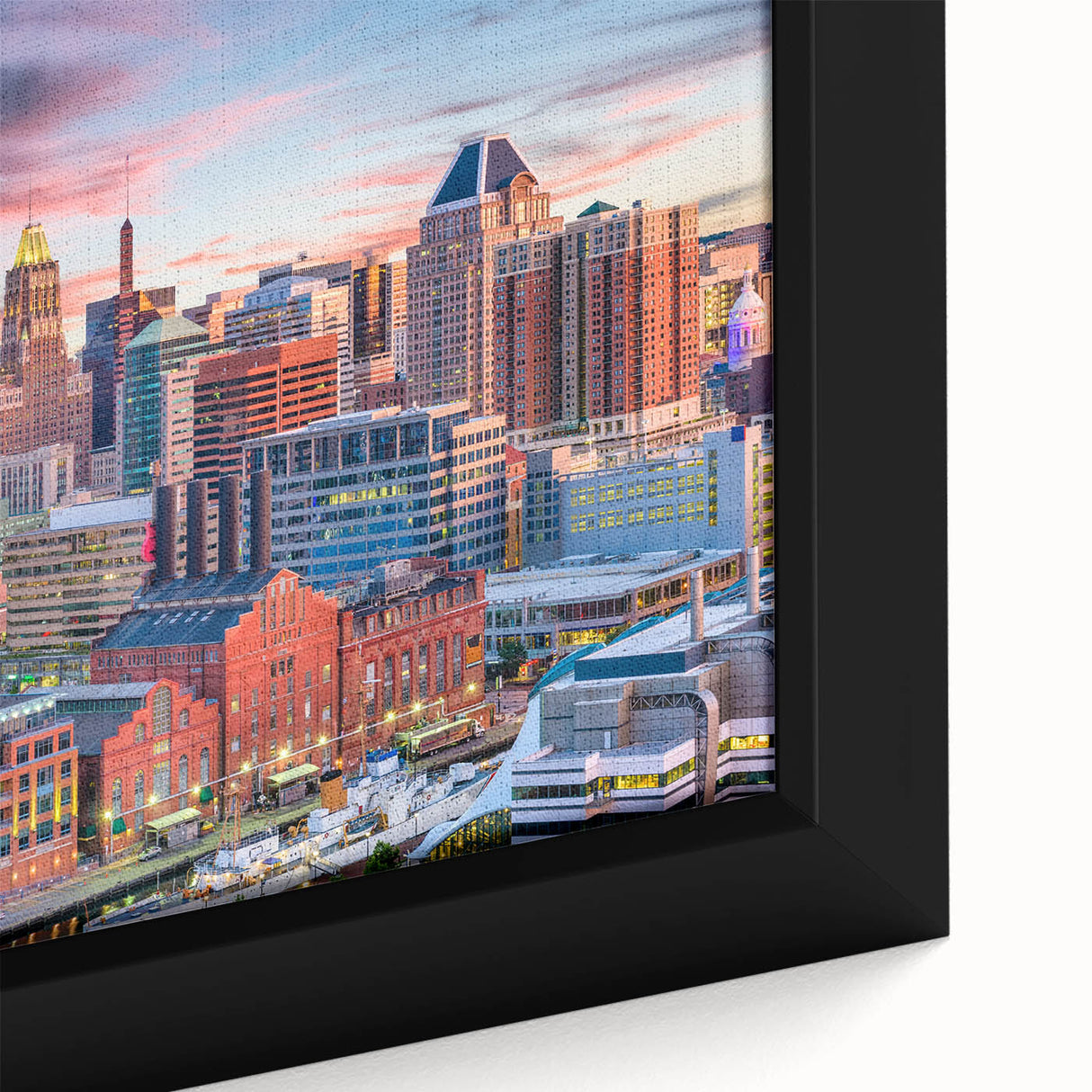 Extra large framed canvas featuring a textured depiction of the Baltimore skyline in black with colorful accents.