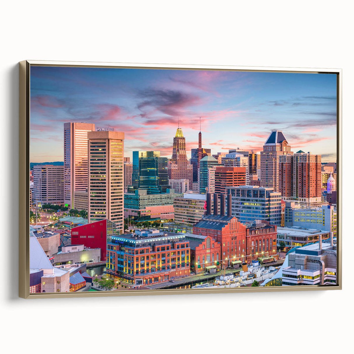 Framed canvas featuring a vintage-style Baltimore landscape with muted gold and black tones, ideal for bedroom wall art.