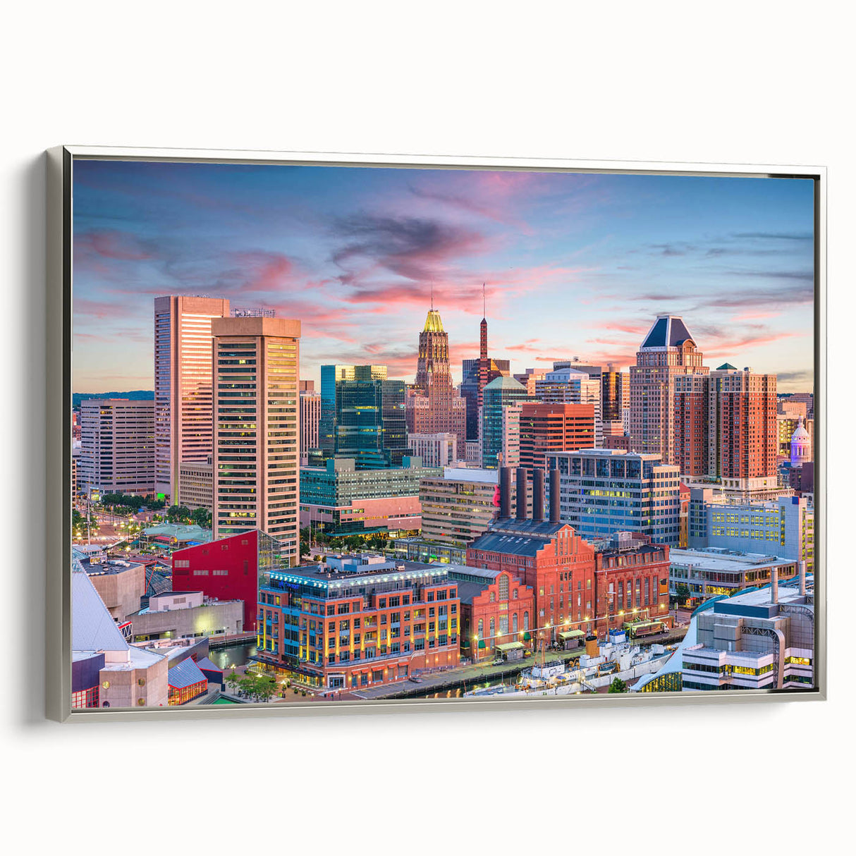 Framed canvas of a vintage-style Baltimore landscape painting in muted gray and colorful accents, ideal for office decor.