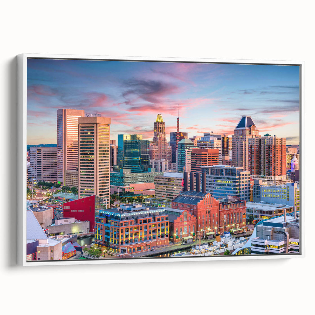 Vintage poster art of Baltimore skyline in vibrant colors on a large framed canvas, ideal for living room decor.