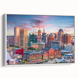 Vintage poster art of Baltimore skyline in vibrant colors on a large framed canvas, ideal for living room decor.