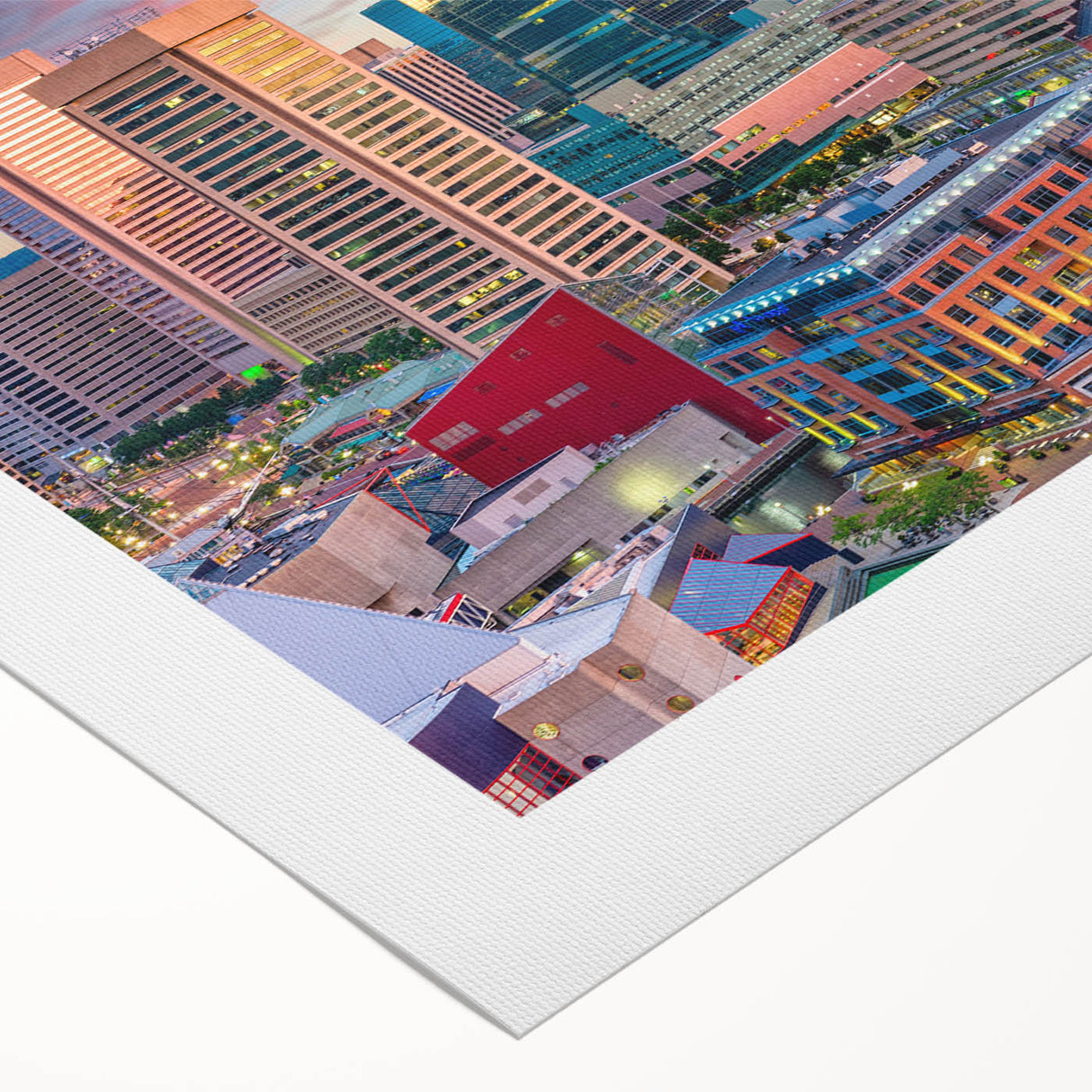 Art deco poster of Baltimore skyline in pastel shades on rolled canvas, suitable for dining room wall art.