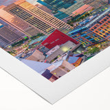 Art deco poster of Baltimore skyline in pastel shades on rolled canvas, suitable for dining room wall art.