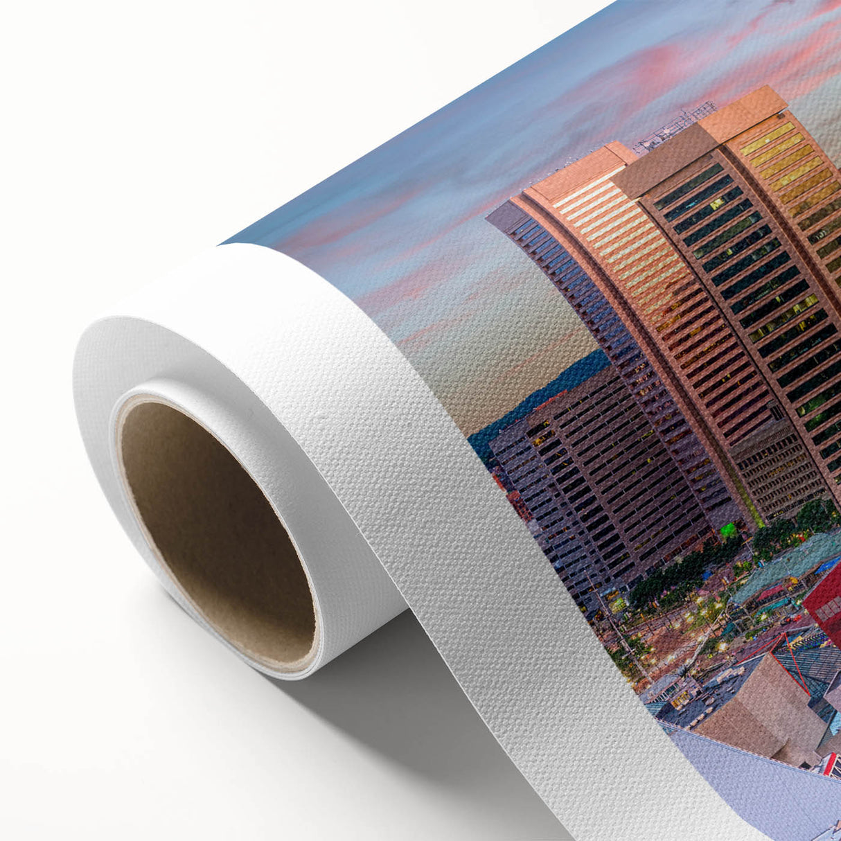 Art Deco style poster of Baltimore skyline in muted gold and blue tones on rolled canvas, ideal for nursery wall art.