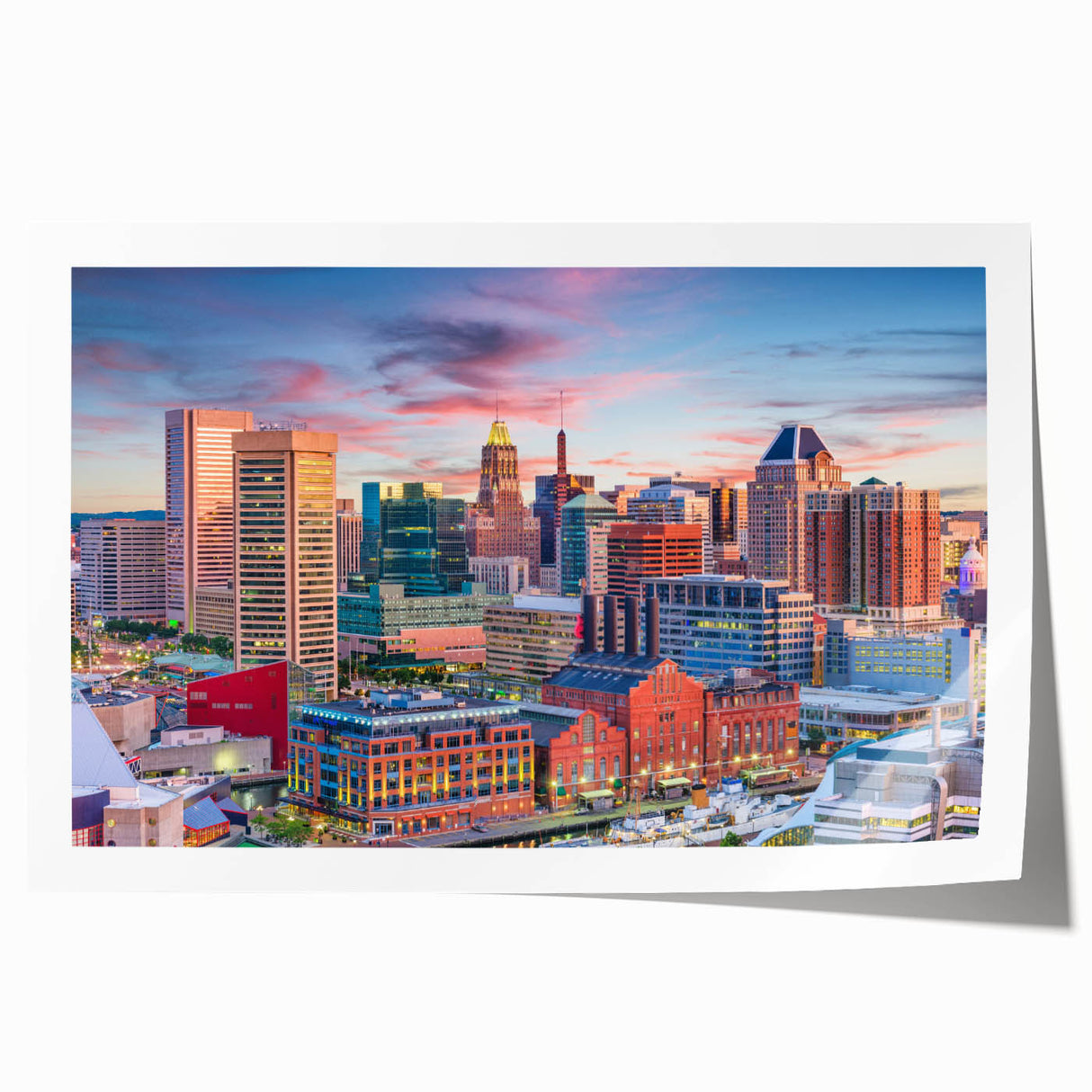 Extra large rolled print of Baltimore scenery with floral elements in soft pastel shades.