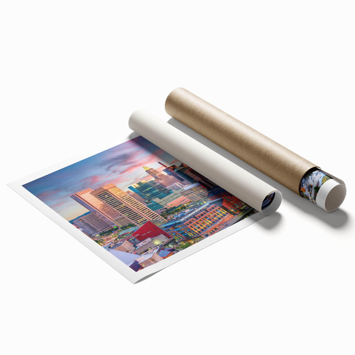 Rolled print of Baltimore scenery with floral accents in muted tones, ideal for art wall dining room.