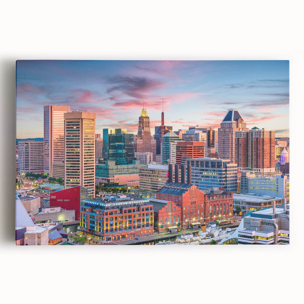 Black and white large art print of Baltimore cityscape on stretched canvas, suitable for kitchen wall art.