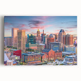 Black and white large art print of Baltimore cityscape on stretched canvas, suitable for kitchen wall art.
