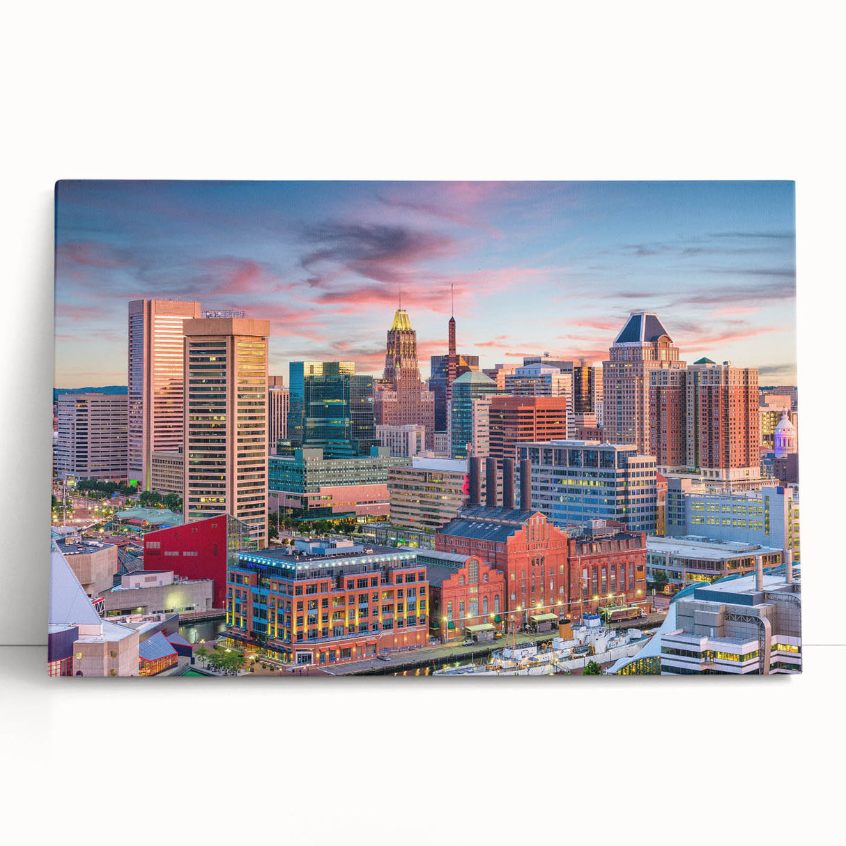 Black and white photo of the Baltimore skyline on stretched canvas, ideal for kitchen wall art.