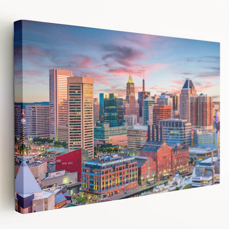 Baltimore skyline depicted in muted gray and blue tones on a large stretched canvas, suitable for kitchen wall art.