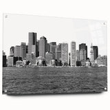 Acrylic print of a large abstract portrayal of Boston skyline in muted blues and grays.