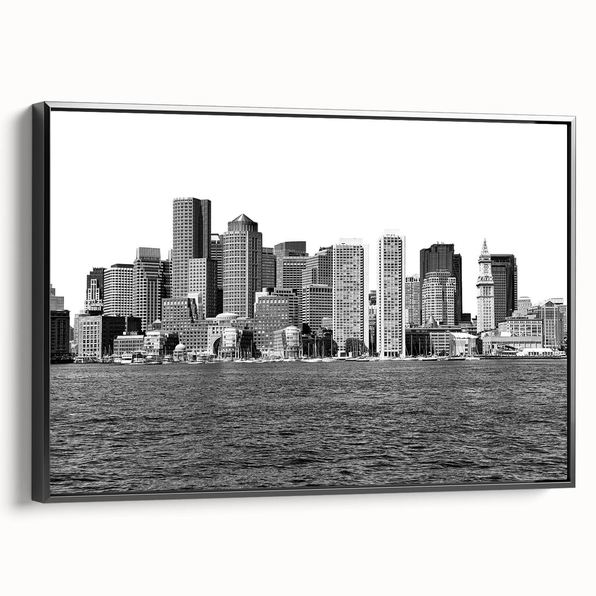 Black and white framed canvas of Boston landscape, ideal for bedroom wall art, featuring vintage poster style.