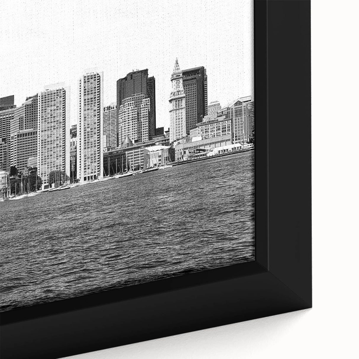 Extra large black wall art featuring a textured depiction of Boston’s skyline on a framed canvas, with colorful accents.