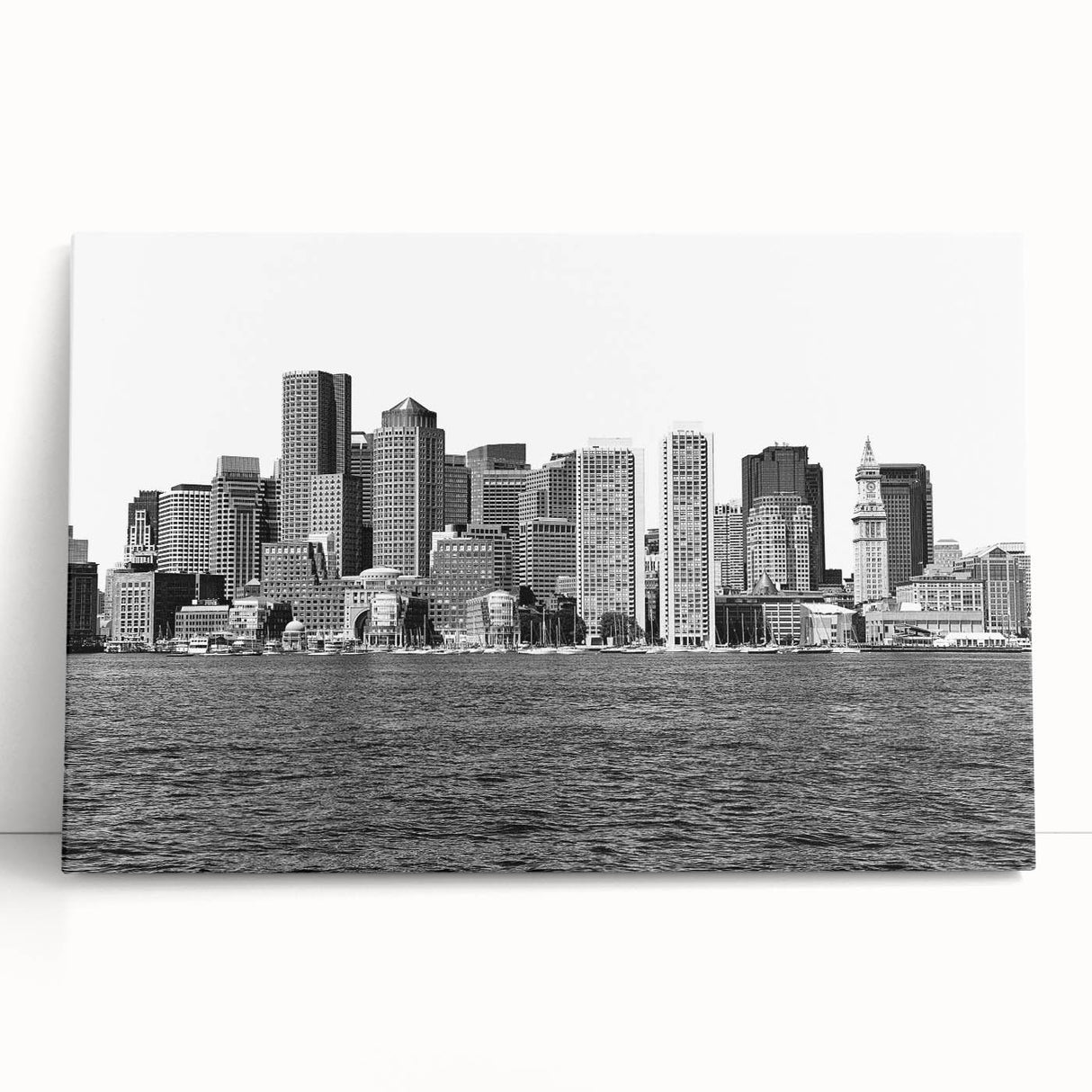 Black and white stretched canvas of Boston skyline, ideal for kitchen wall art or bedroom ambiance.