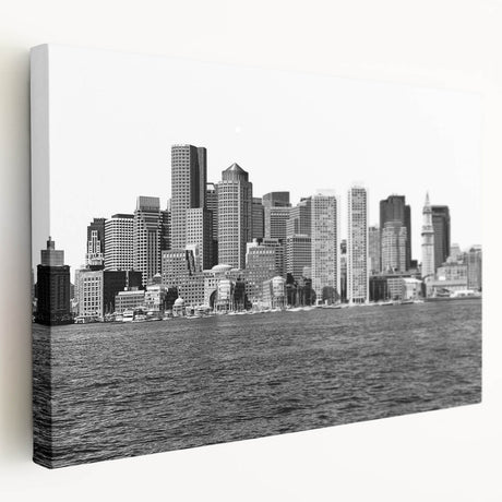 Large wall art on stretched canvas featuring a scenic Boston skyline in muted blue and gray tones.