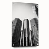 Acrylic print of a large abstract depiction of Detroit skyline in muted gray and blue tones.