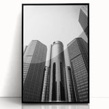 Large abstract wall art depicting Detroit skyline in muted grays and blues on a framed acrylic print.