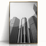 Framed acrylic print of Detroit skyline in muted gold tones, ideal for modern art wall decor.