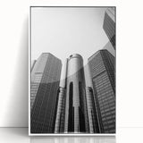 Art Deco style poster of Detroit skyline in muted gray and white tones on framed acrylic, suitable for modern art wall decor.