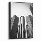 Black and white framed canvas of Detroit landscape, featuring vintage poster art style, ideal for bedroom wall decor.