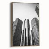 Framed canvas of a vintage Detroit landscape in black and gold tones, ideal for bedroom wall art.