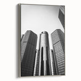 Framed canvas of a vintage-style Detroit skyline in colorful art tones, ideal for enhancing a modern living room ambiance.