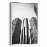 Vintage poster art of Detroit skyline in vibrant colors on a large framed canvas, ideal for living room decor.