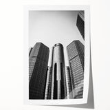 Rolled print of Detroit skyline in muted gray tones, ideal for art wall dining room placement.