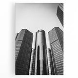 Black and white large art print of Detroit skyline on stretched canvas, suitable for kitchen wall art.