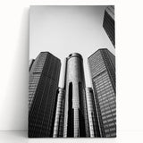 Black and white stretched canvas of Detroit skyline, ideal for kitchen wall art or bedroom ambiance.