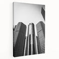Detroit skyline in muted gray and blue tones on a large stretched canvas, suitable for kitchen wall art.