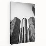 Detroit skyline in muted gray and blue tones on a large stretched canvas, suitable for kitchen wall art.