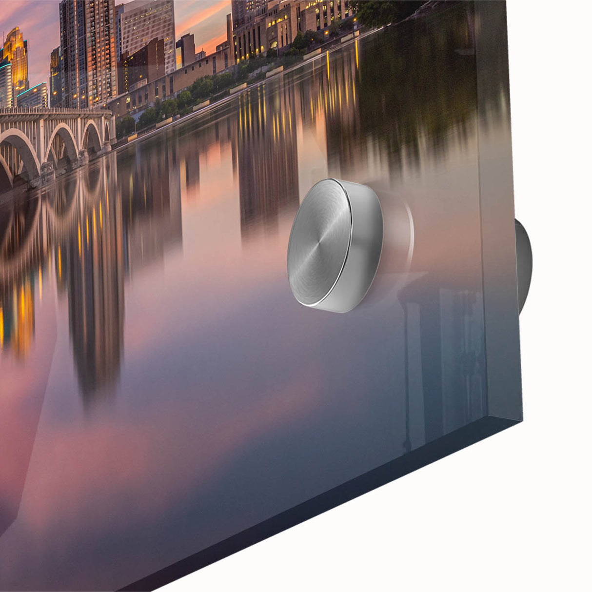 Mid-century modernist art of Minneapolis skyline in muted blues and grays on acrylic glass, suitable for dining room art.