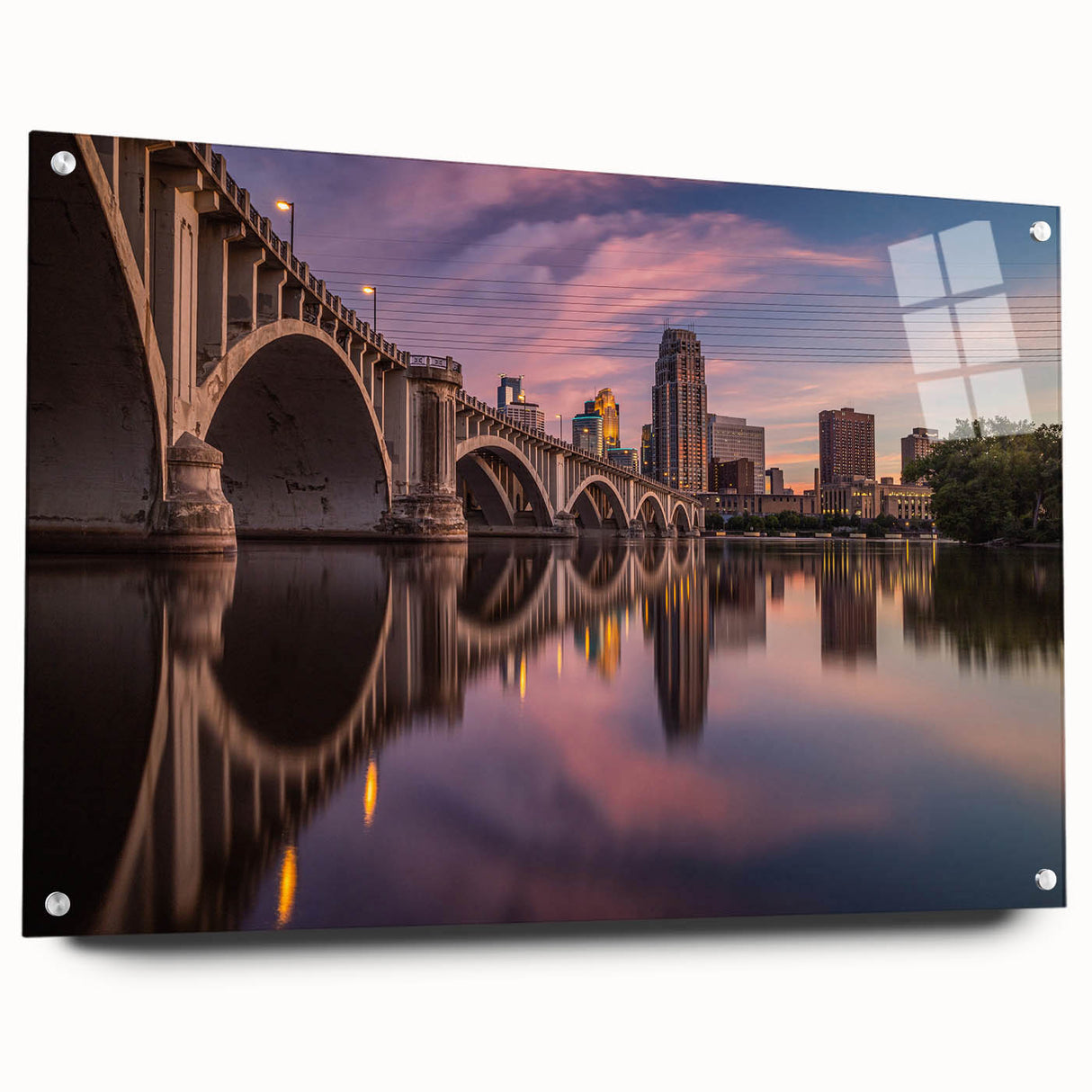 Acrylic print of a large abstract depiction of Minneapolis skyline in muted blue and gray tones.