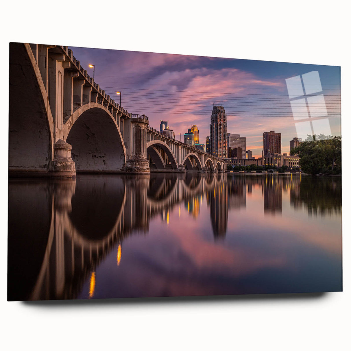 Acrylic print of Minneapolis skyline in muted gray and blue tones, suitable for bedroom or dining room art.