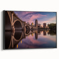 Black and white wall art of the Minneapolis skyline on a framed canvas, ideal for bedroom decor.